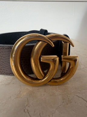 Gucci Black and Brown Reversible Leather Marmont Belt, 80