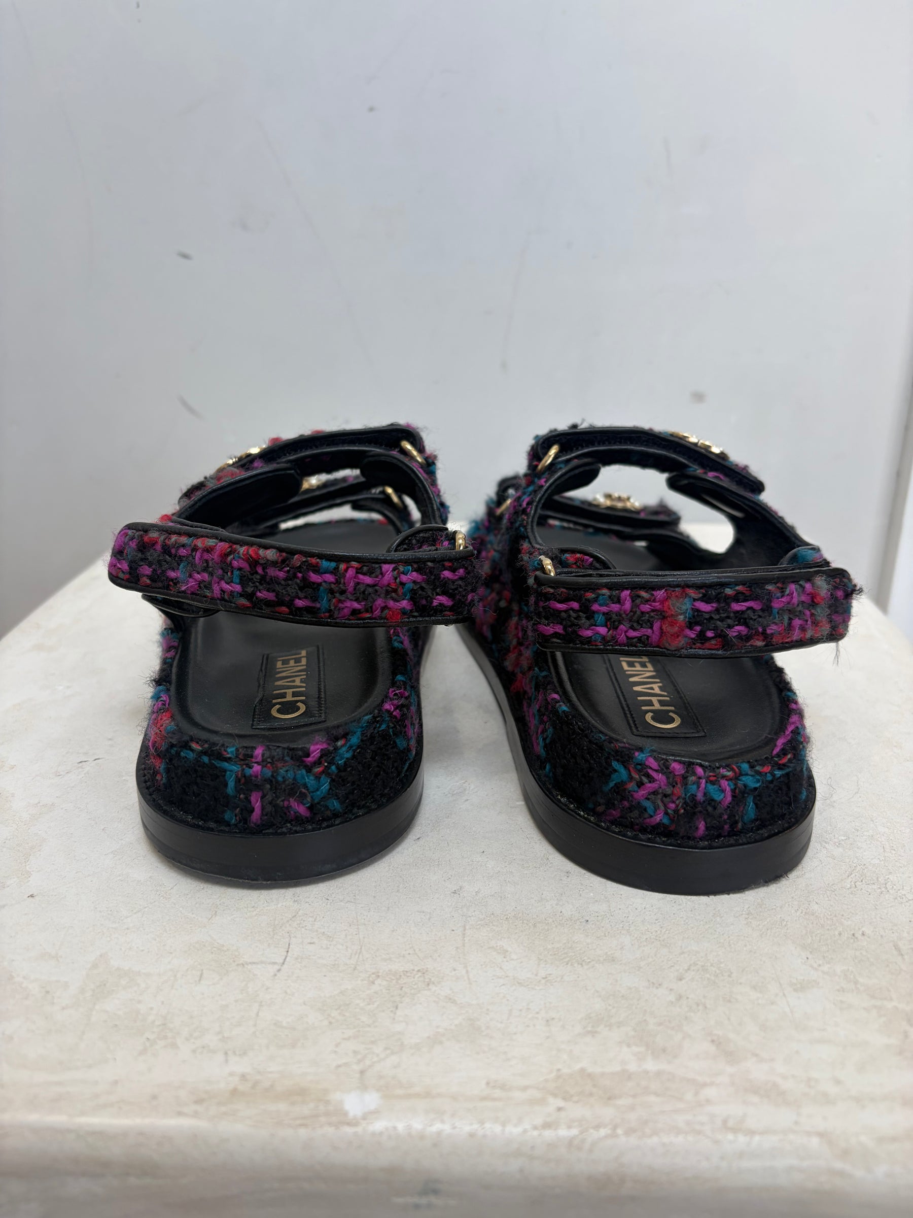 Chanel Black Purple and Green Tweed Dad Sandal, 36 C