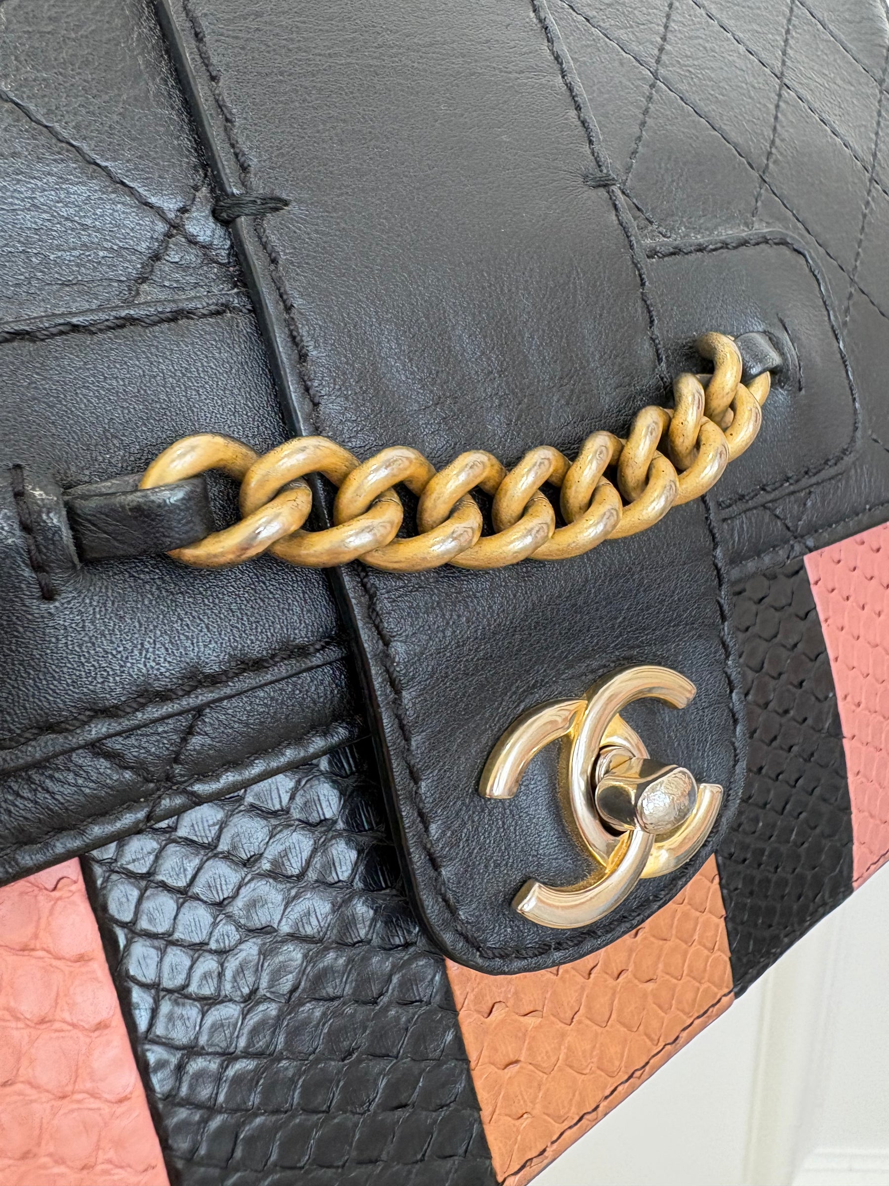 Chanel Black Quilted Leather and Snake Skin Front Chain Flap