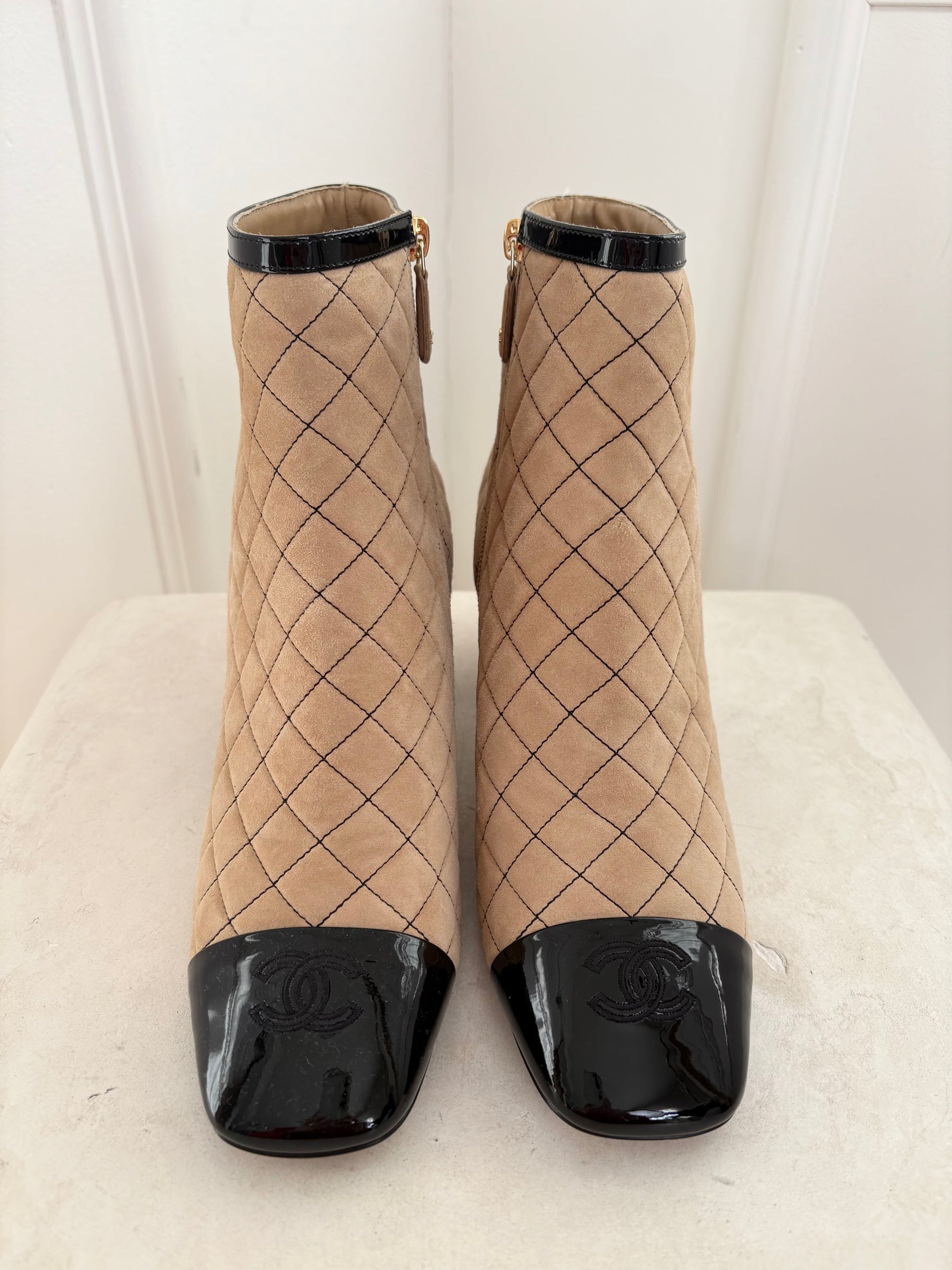 Chanel Beige Suede and Black Quilted Ankle Boot, 40 C