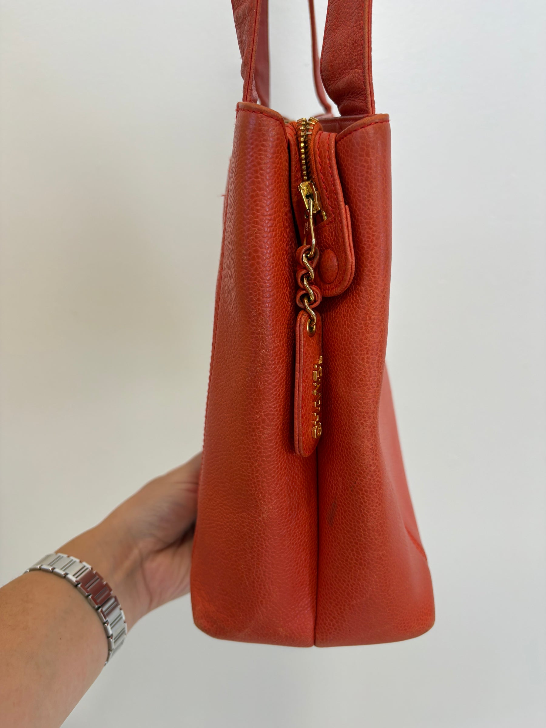 Chanel Orange Caviar Leather Logo Shopper Tote