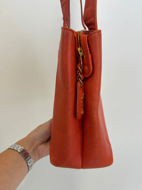 Chanel Orange Caviar Leather Logo Shopper Tote