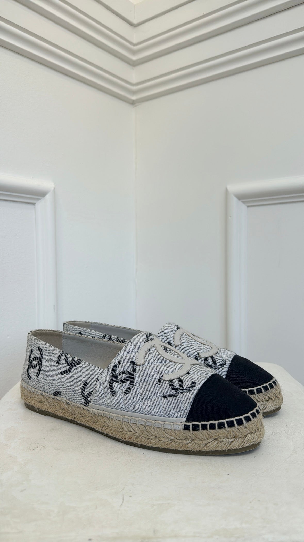 Chanel Grey and Black Canvas Logo Espadrilles, 40