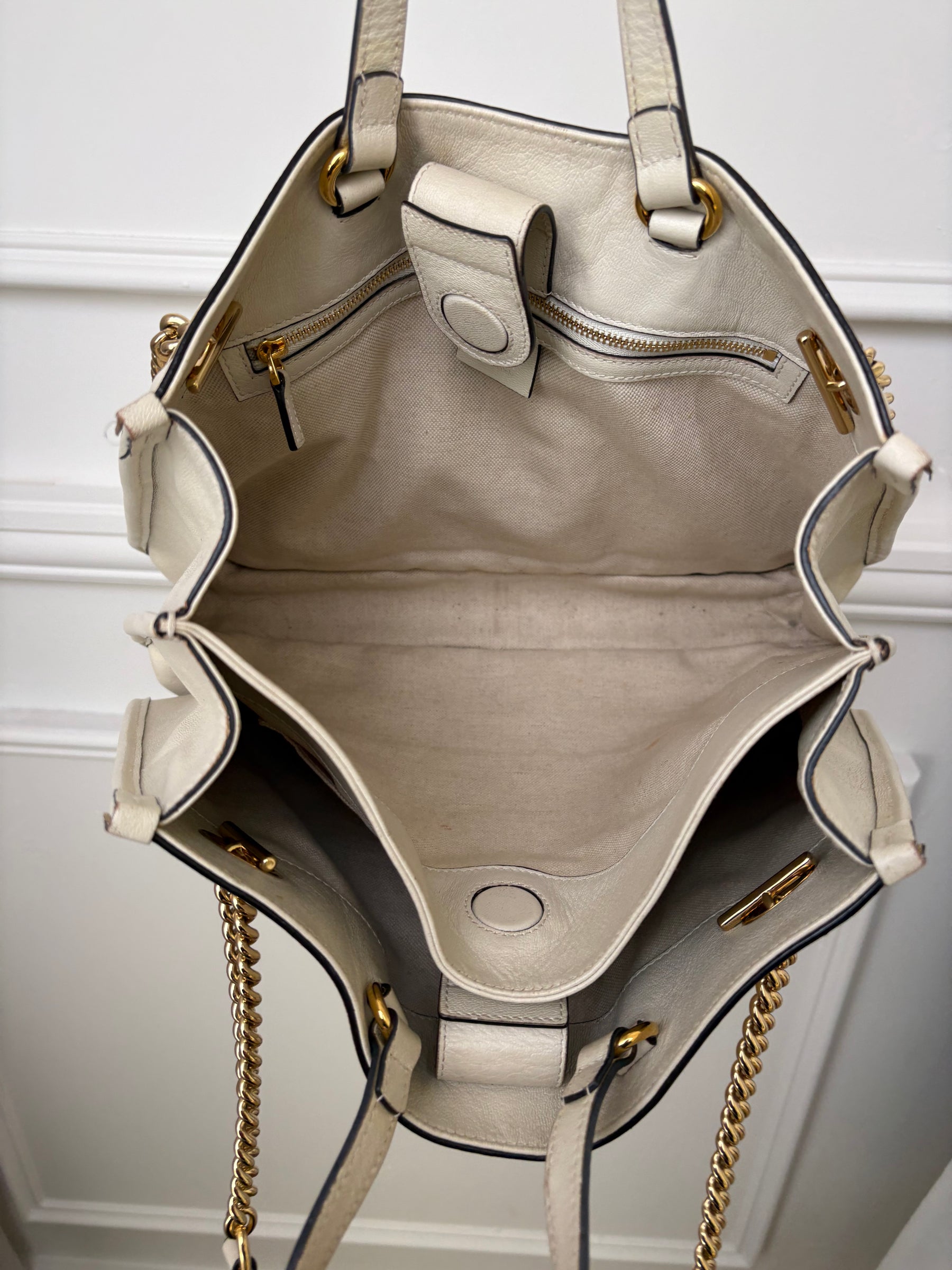 Gucci Cream Leather Horsebit 1995 Medium Chain Tote