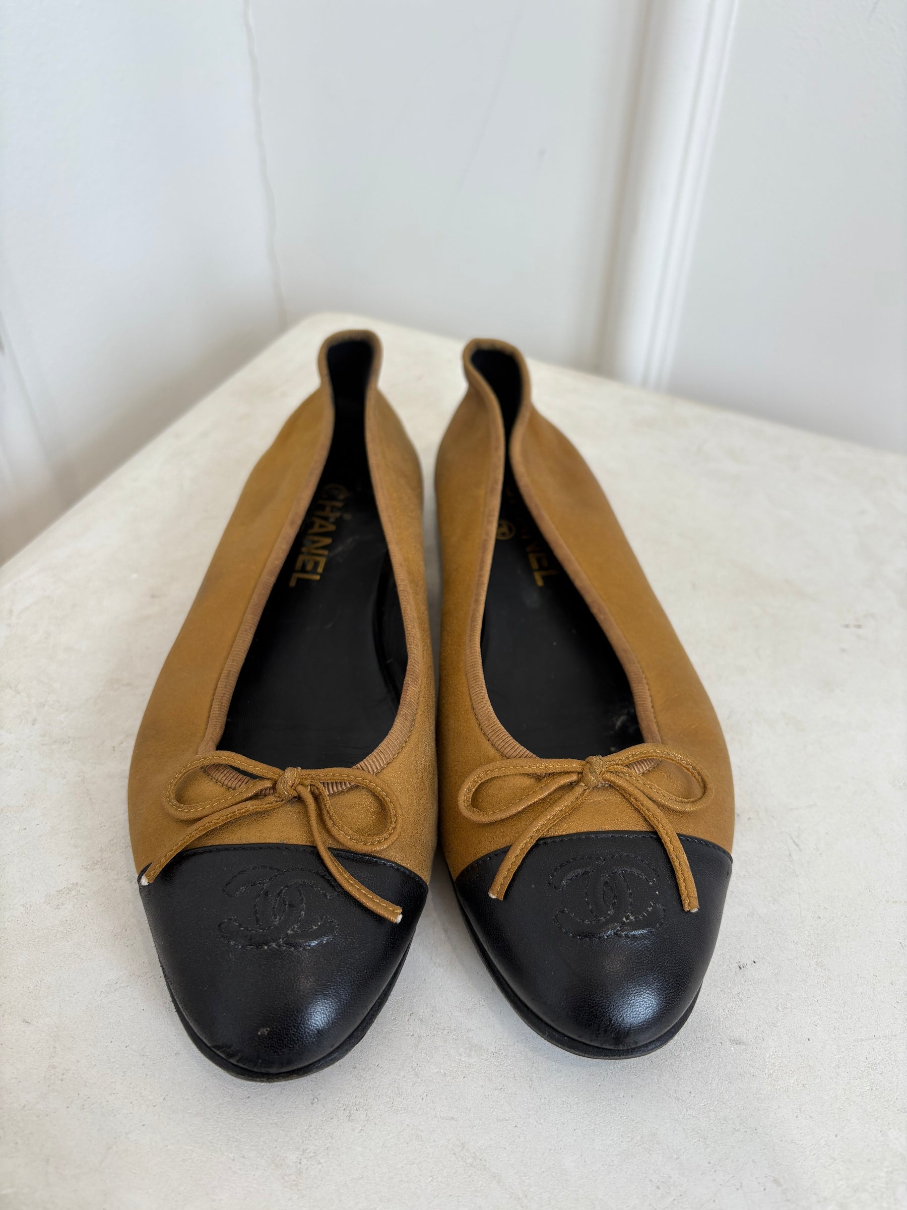 Chanel Bronze and Black Leather Ballet Flats, 38.5