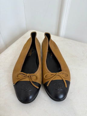 Chanel Bronze and Black Leather Ballet Flats, 38.5