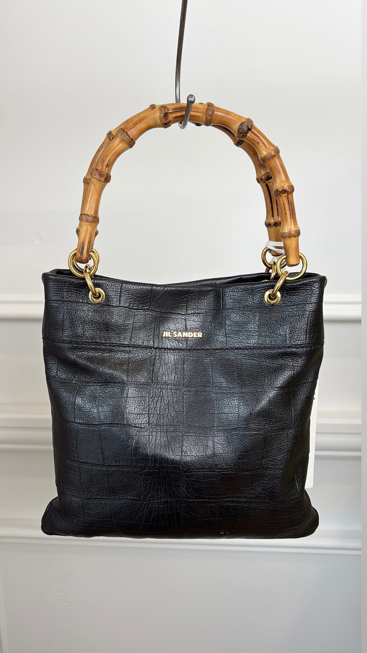 Jil Sander Croc Embossed Bamboo Shopper Black, Small