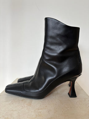Manu Atelier Black Leather Sqaure Toe Heeled Ankle Boots, 37