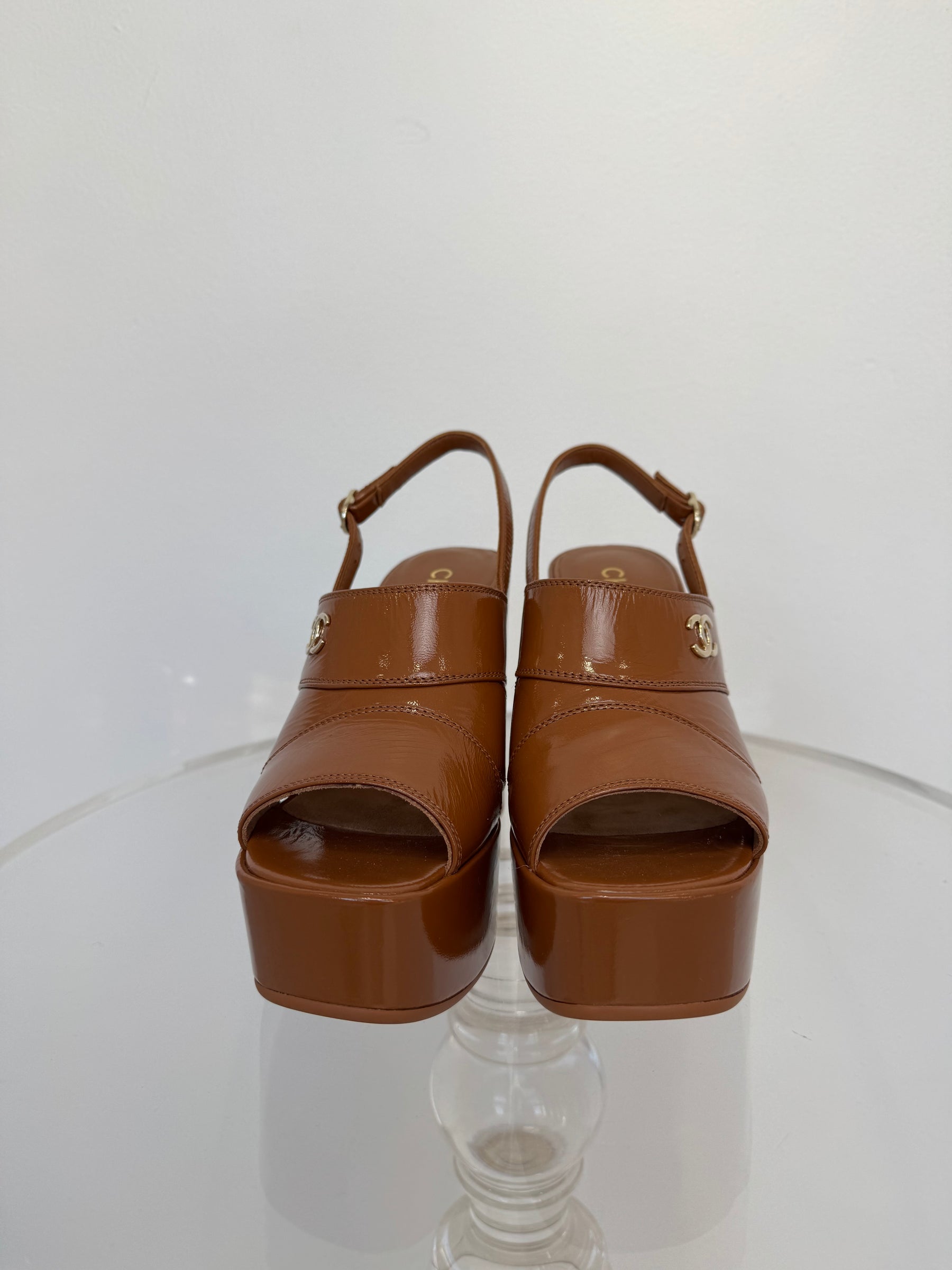 Chanel Tan Patent Leather Platform Peep Toe Pumps, 37C