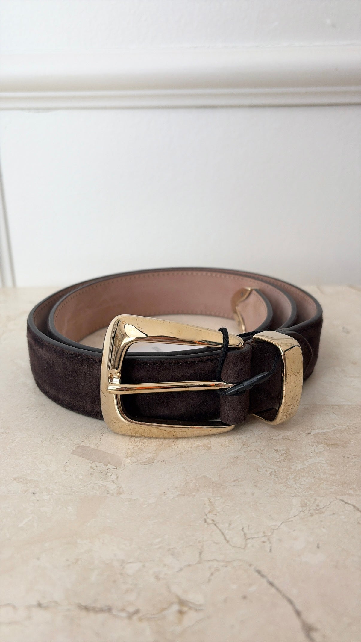 Khaite Brown Suede Belt with Gold Hardware, 80