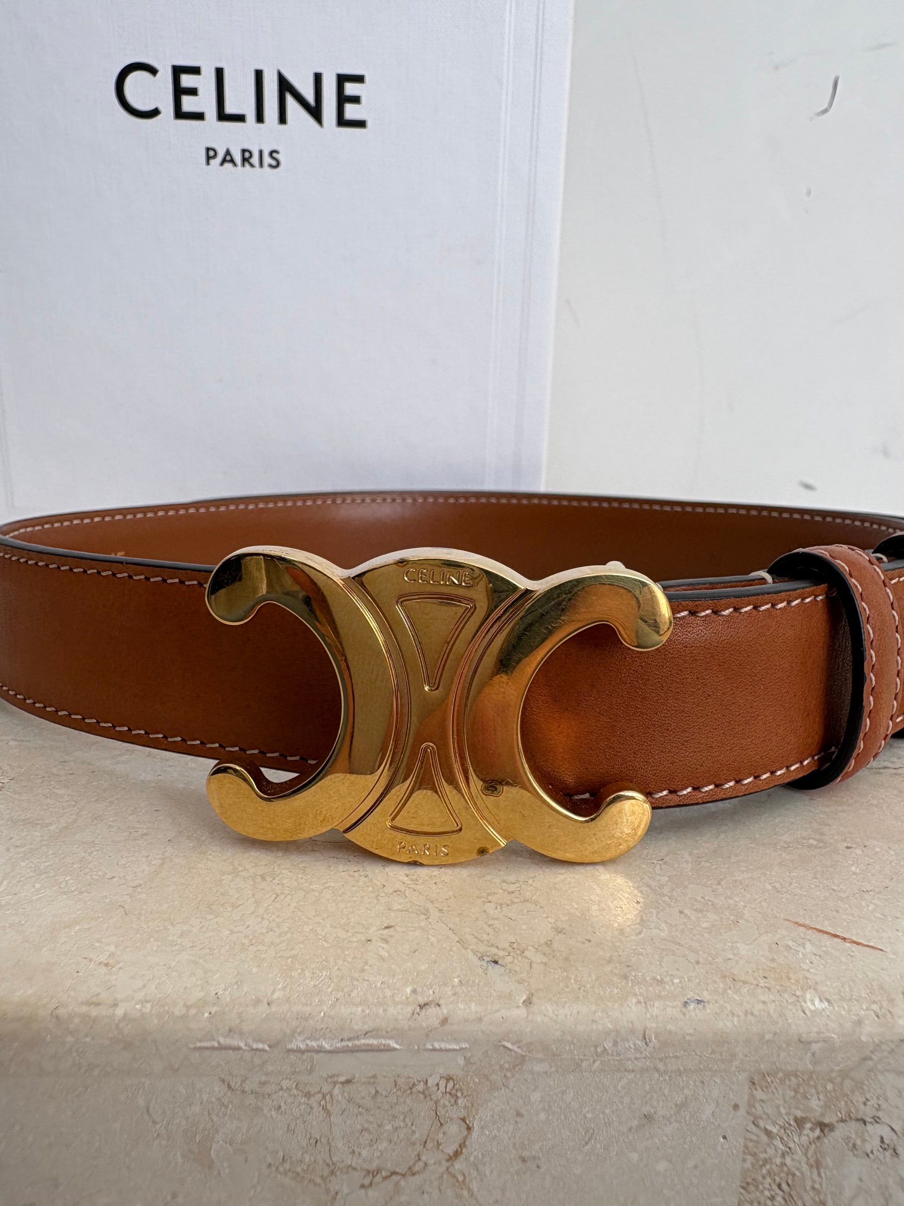 Celine Triomphe Tan Belt Gold HW, 70