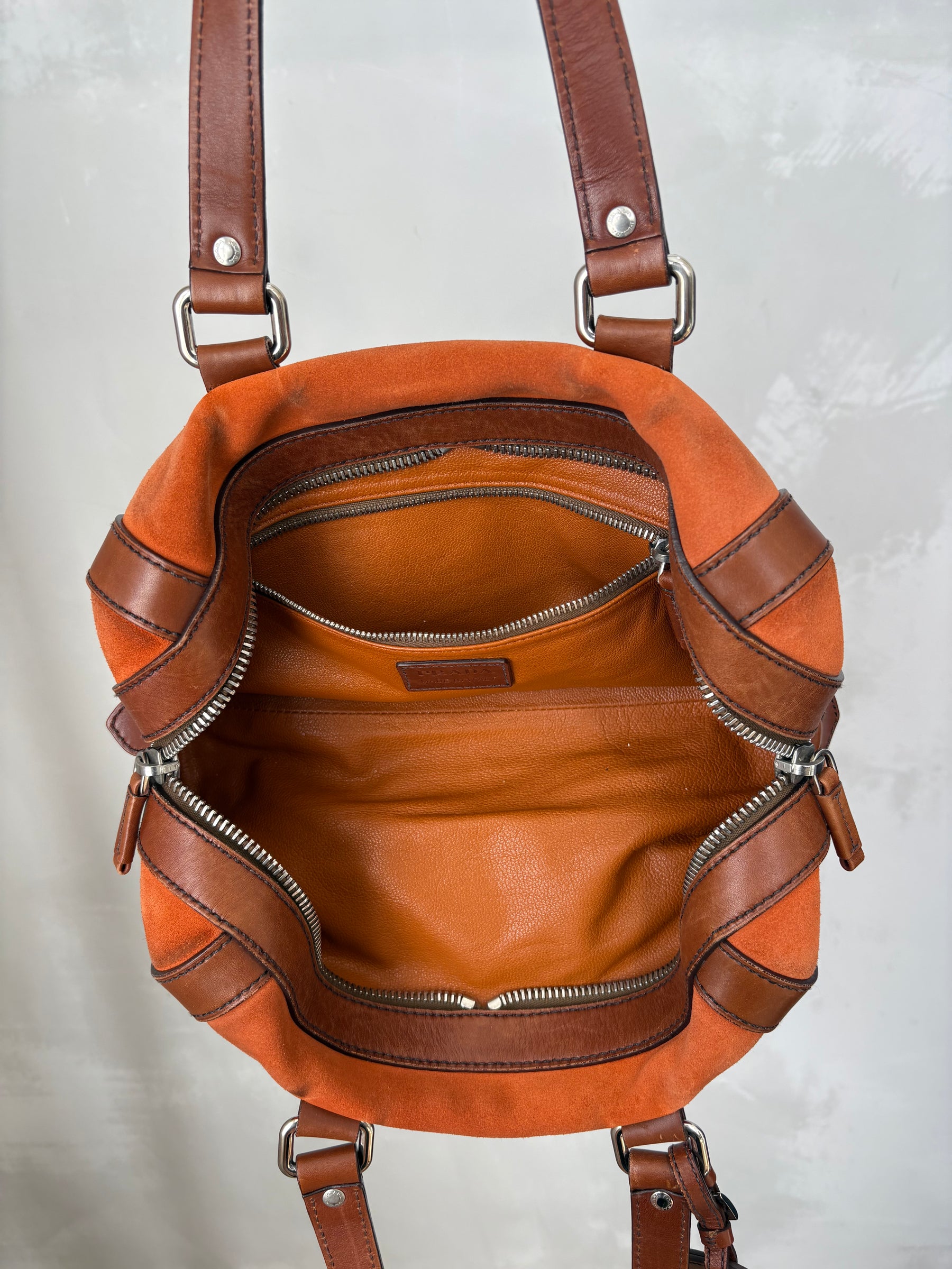 Prada Orange Suede and Brown Leather Bowling Bag