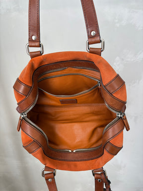 Prada Orange Suede and Brown Leather Bowling Bag