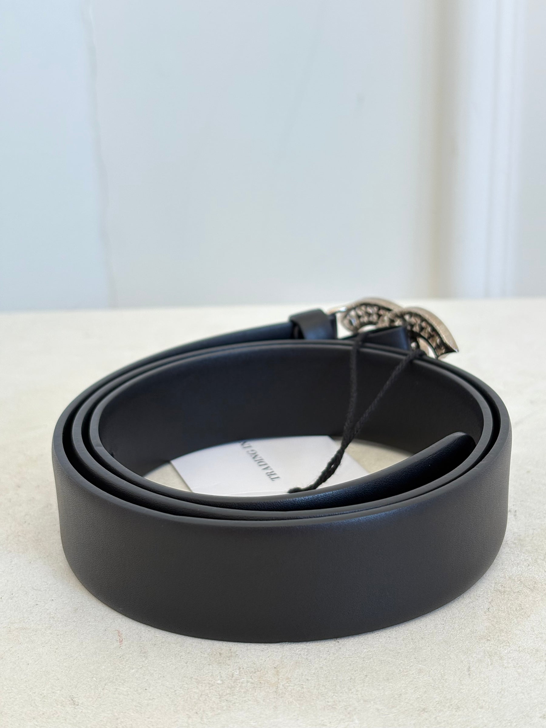 Chanel Black Leather Pearl Embellished Logo Belt, 85