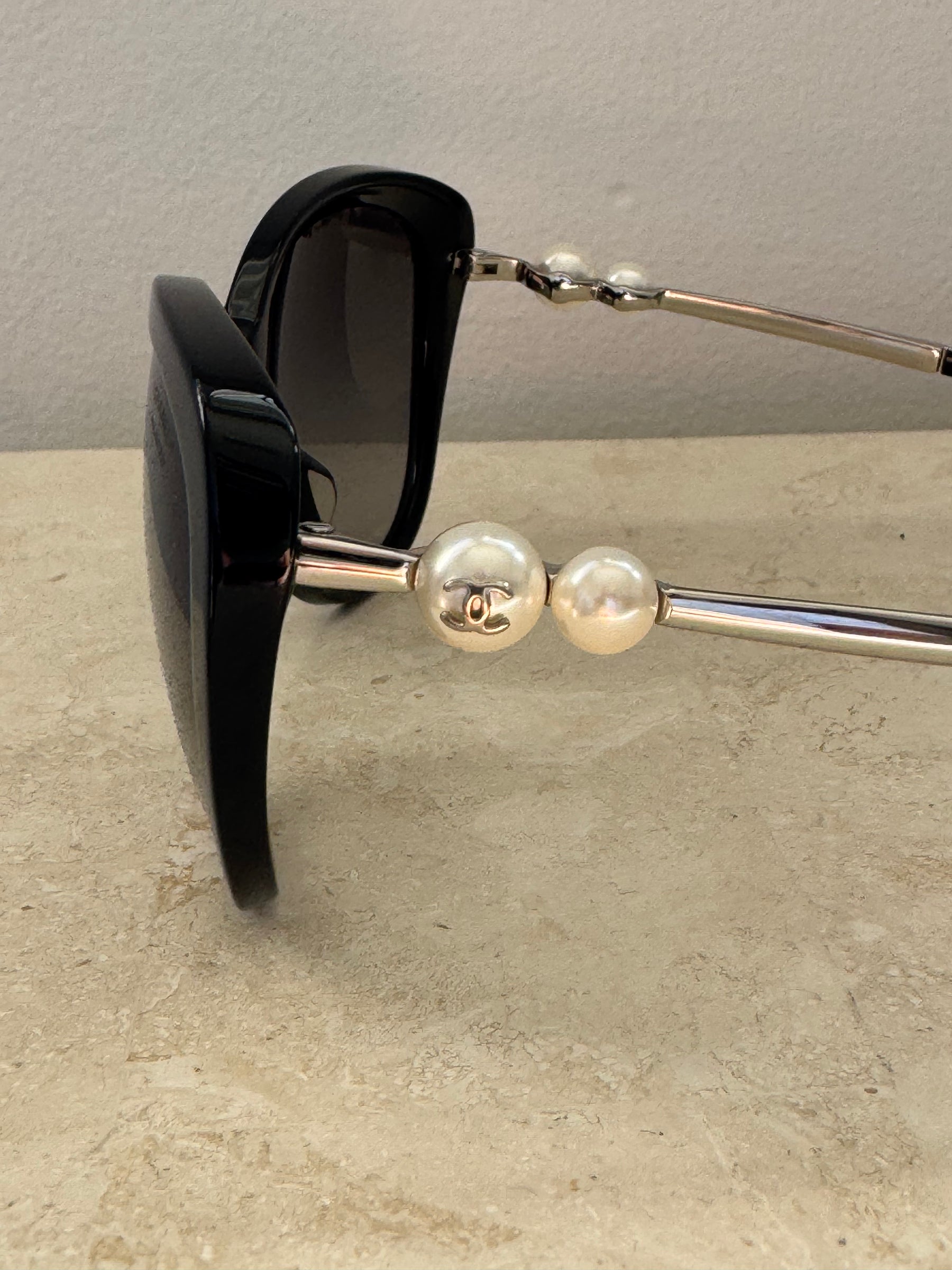 Chanel Black Oversized Pearl Arm Sunglasses
