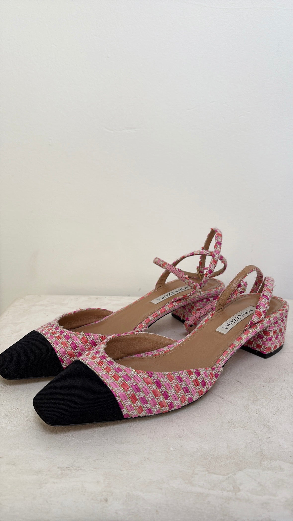 Aquazzura Pink Raffia Tweed Slingbacks, 41