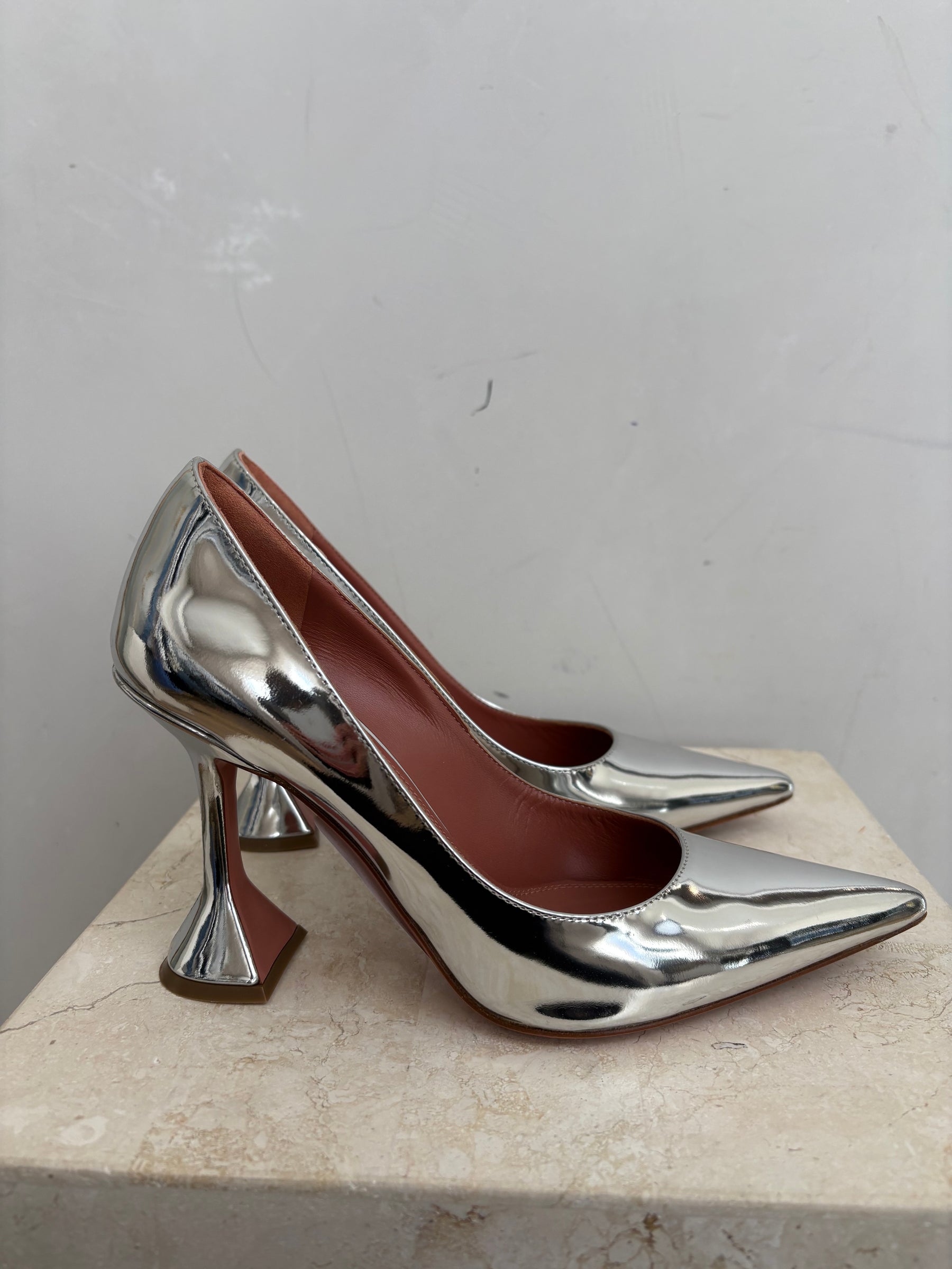 Amina Muaddi Silver Metallic Pointed Ami Pump, 39