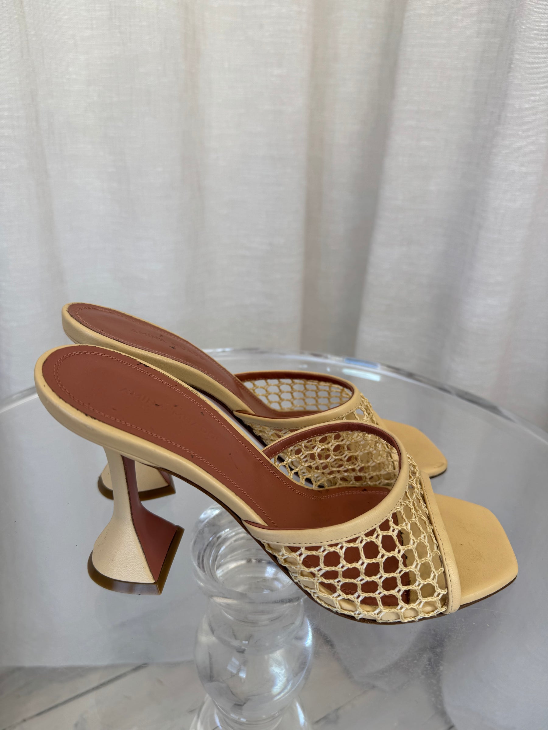 Amina Muaddi Beige Netted Mules, 38