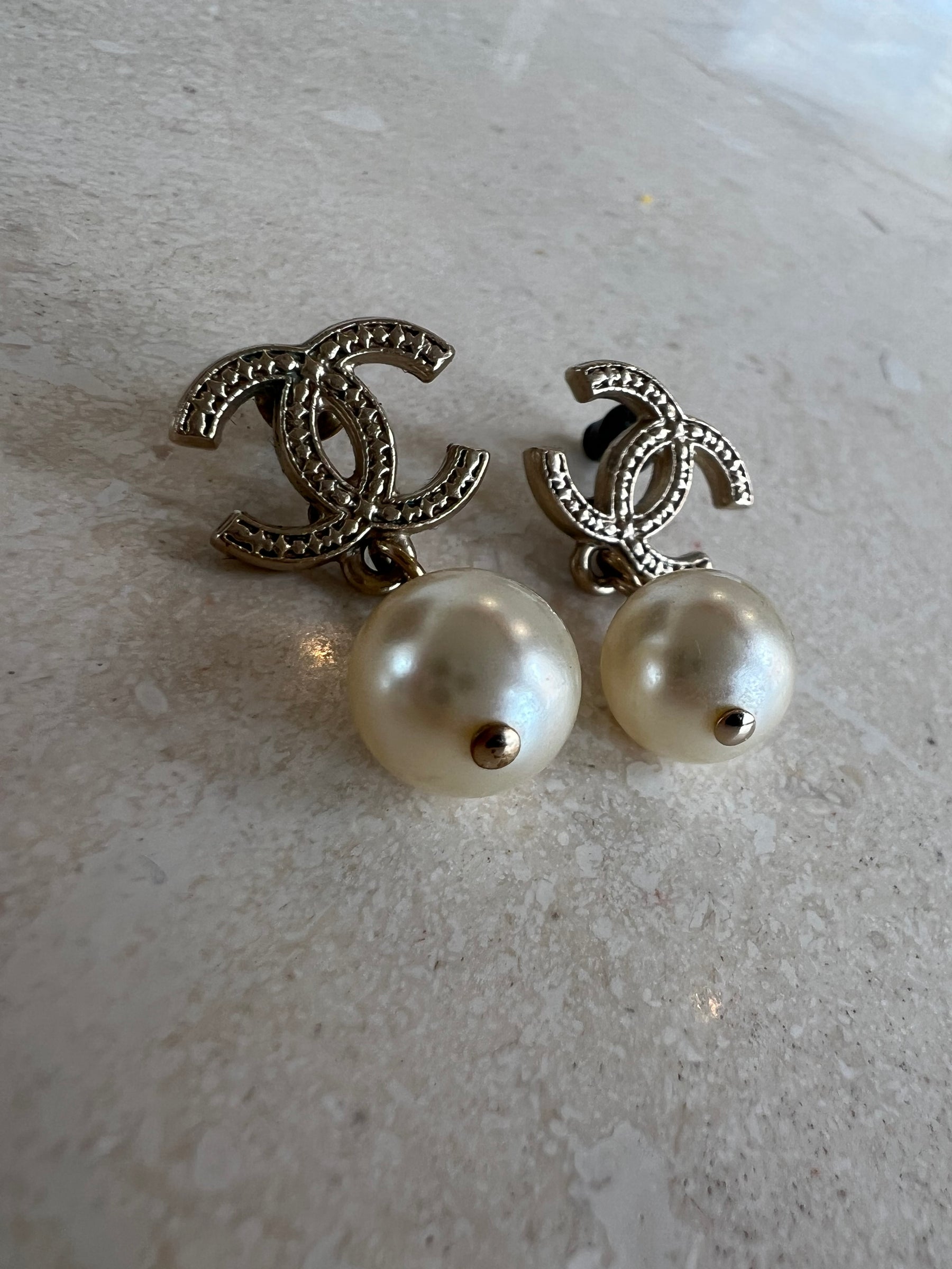 Chanel Pearl Drop Earrings Gold Tone Hardware