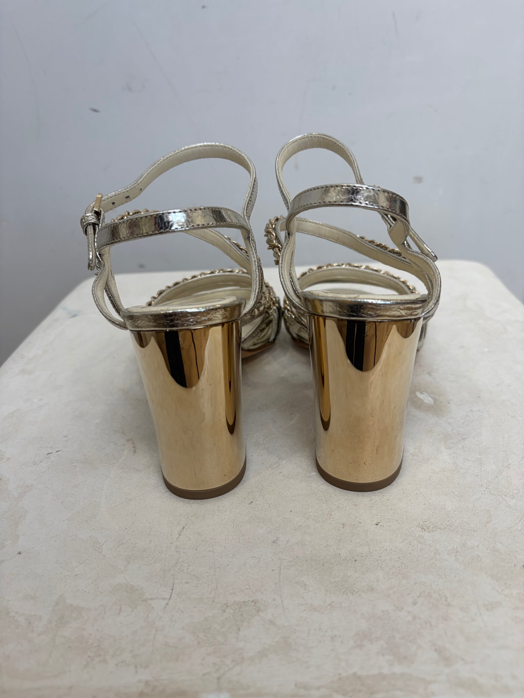 Chanel Champagne Leather Chain Strappy Heels, 37.5 C
