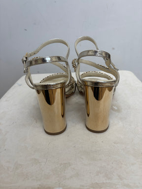 Chanel Champagne Leather Chain Strappy Heels, 37.5 C