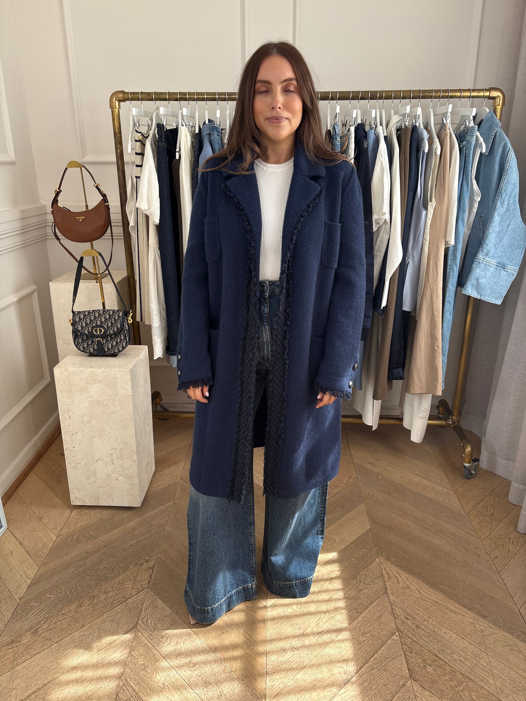 Chanel Navy Knitted Coat With Fringing Detail And Belt, 40 FR