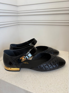 Chanel Black Quilted and Patent Leather Turn Lock Mary Janes, 38 C