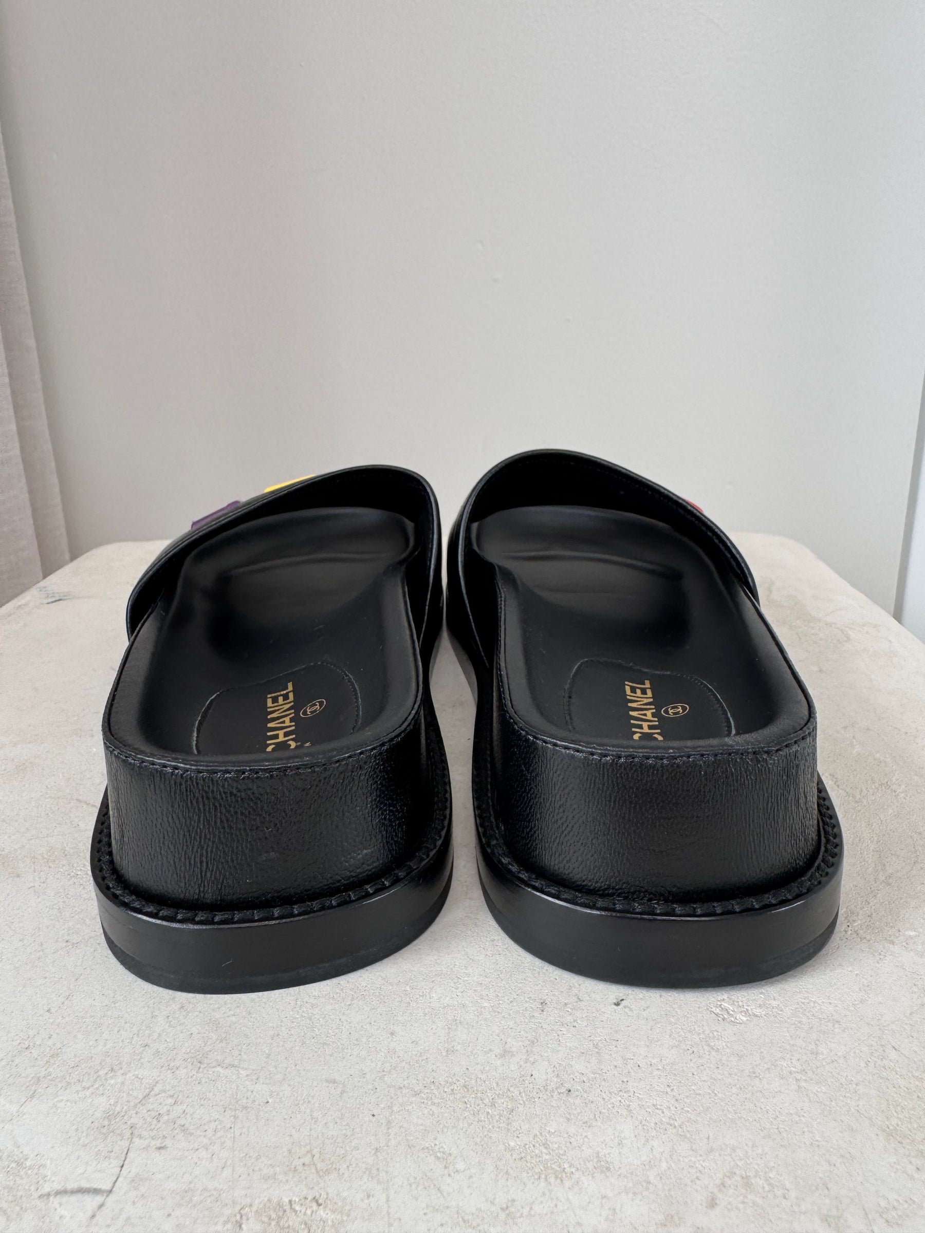 Chanel Black Leather Multi Logo Slides, 36.5C