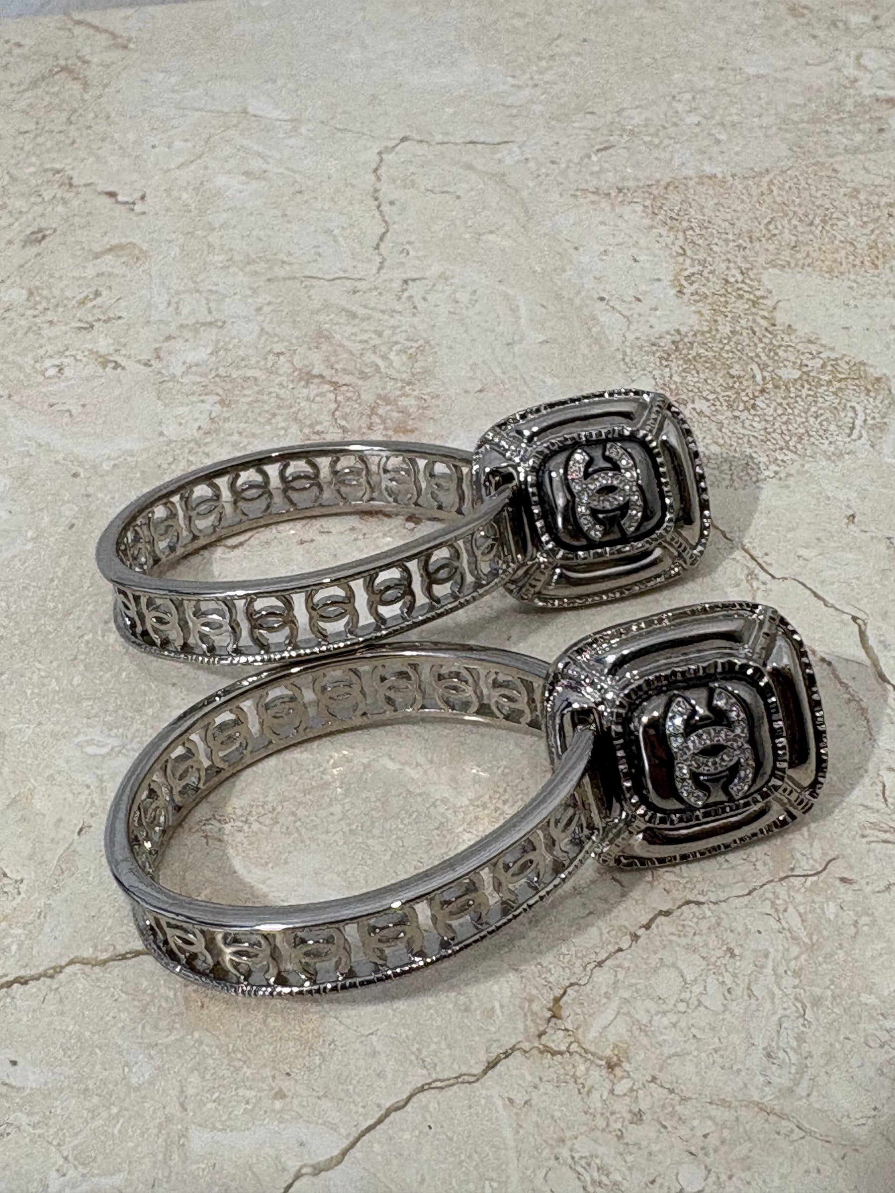 Chanel Silver and Crystal Logo Hoops