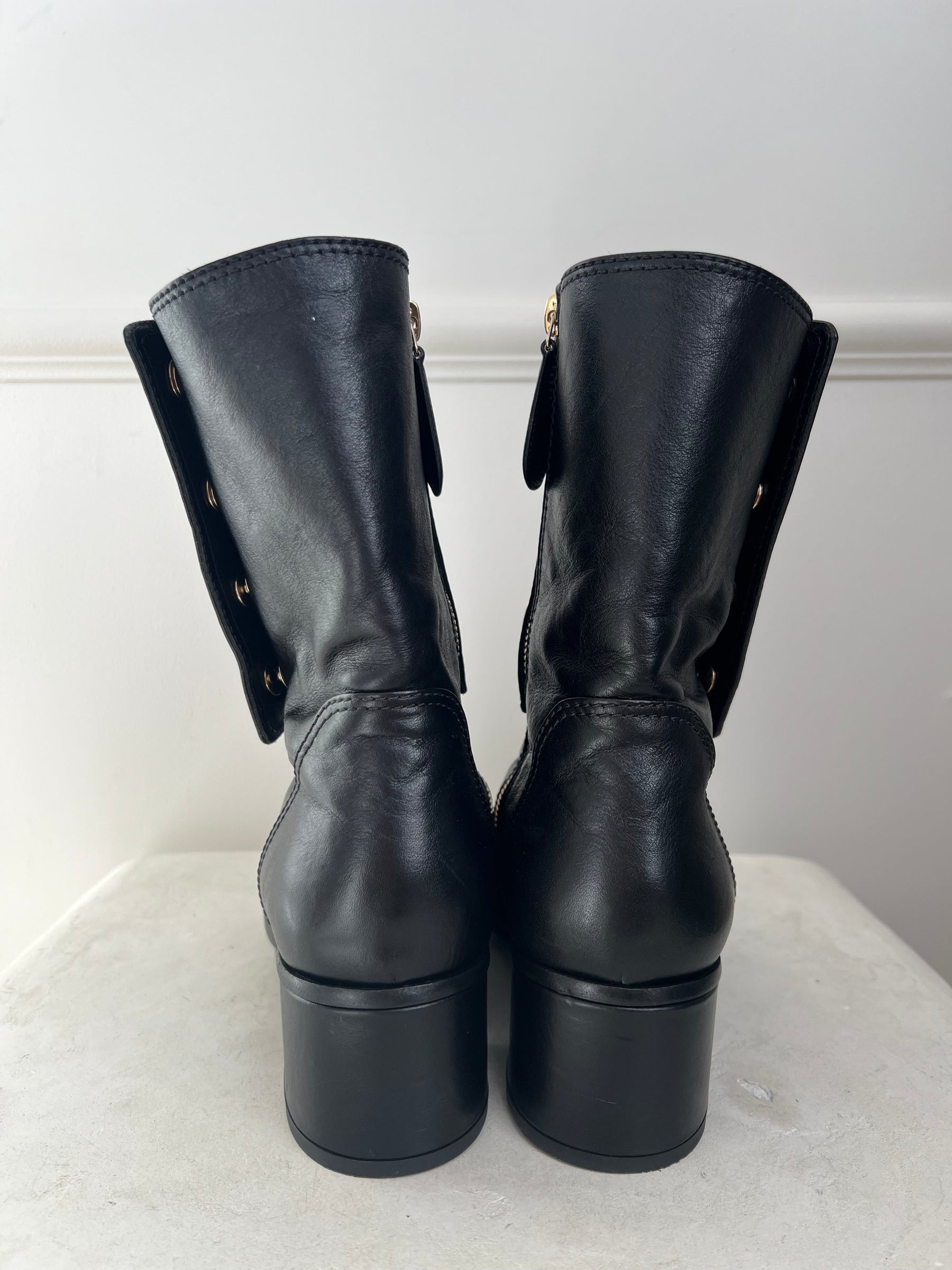 Chanel Black Leather Logo Press Stud Ankle Boots, 39.5