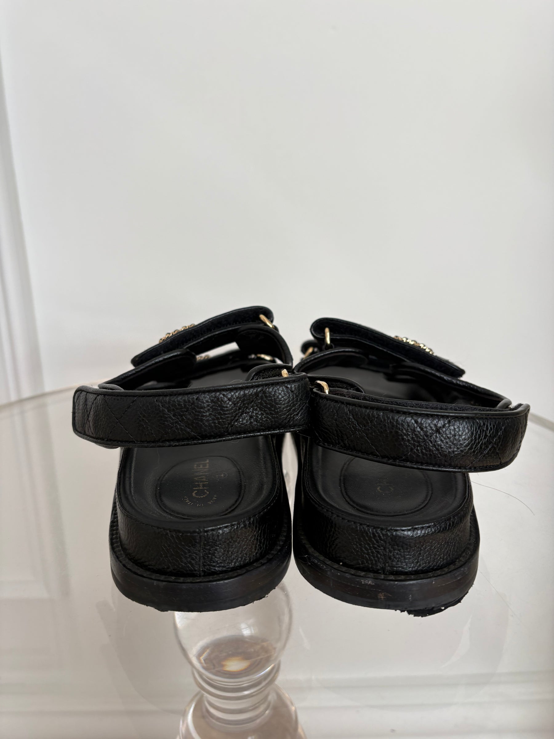 Chanel Black Caviar Leather Dad Sandals, 37.5C