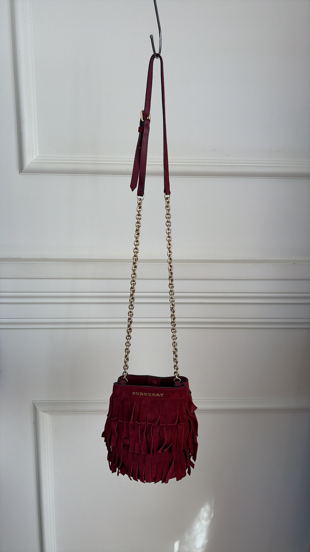 Burberry Red Suede Fringed Mini Bucket bag