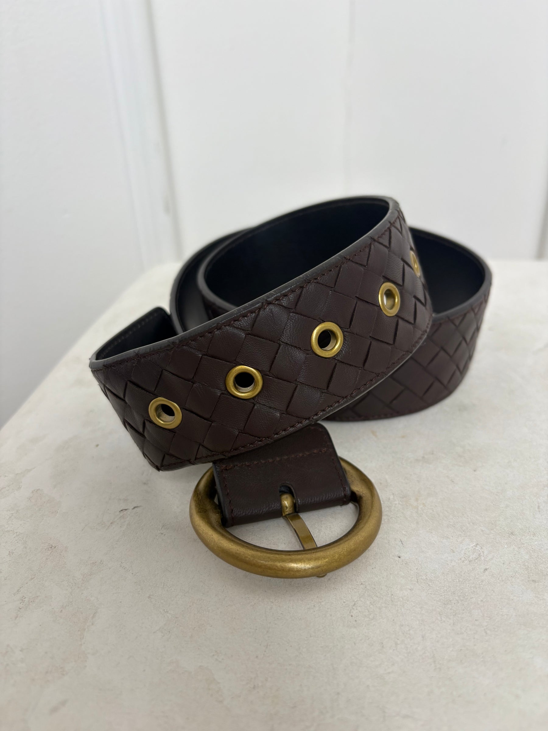 Bottega Veneta Brown Intrecciato Leather Round Buckle Belt, 85