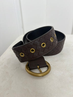 Bottega Veneta Brown Intrecciato Leather Round Buckle Belt, 85