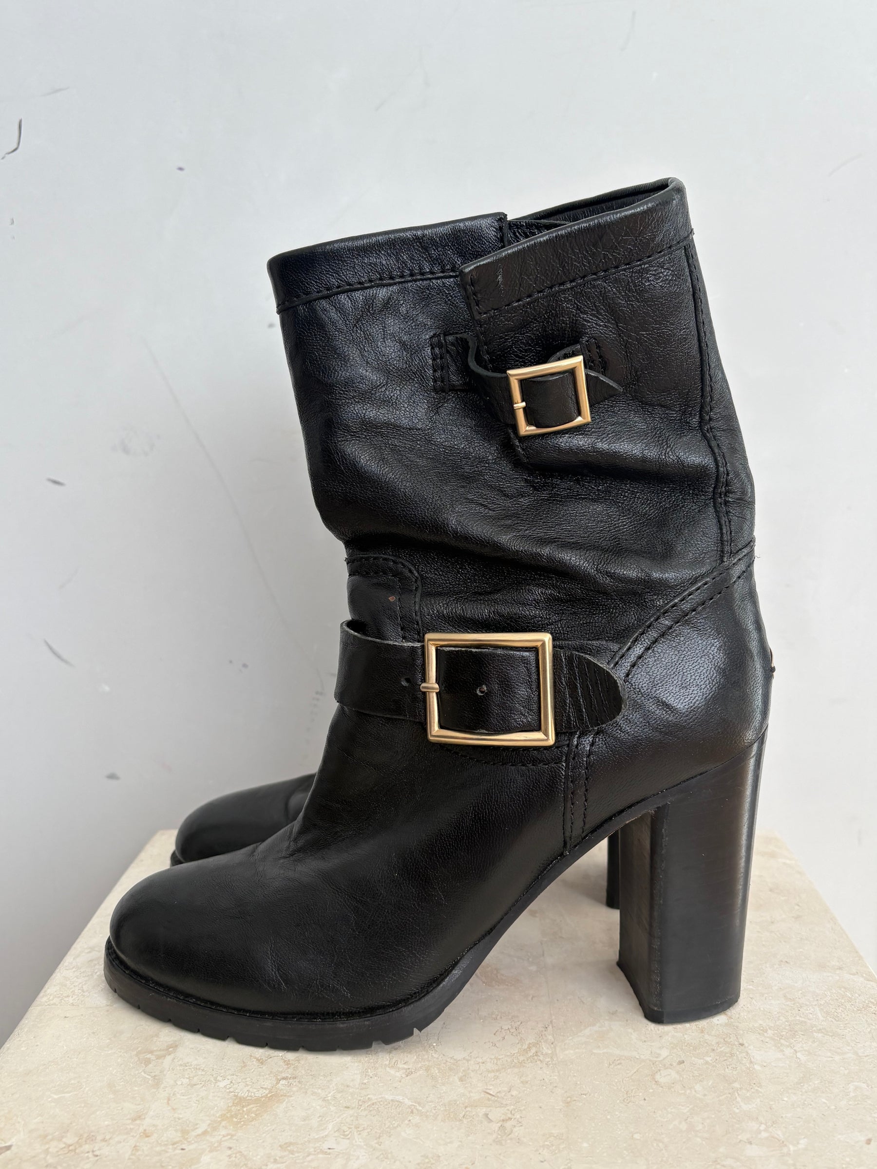 Jimmy Choo Black Leather Heeled Buckle Boots, 38.5