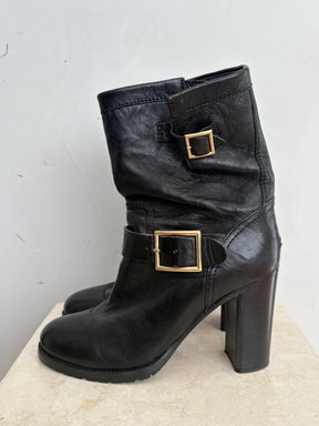 Jimmy Choo Black Leather Heeled Buckle Boots, 38.5