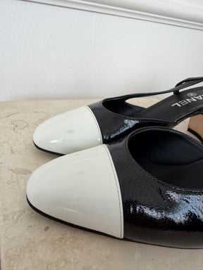 Chanel Black and White Patent Heeled Slingbacks, 38 C