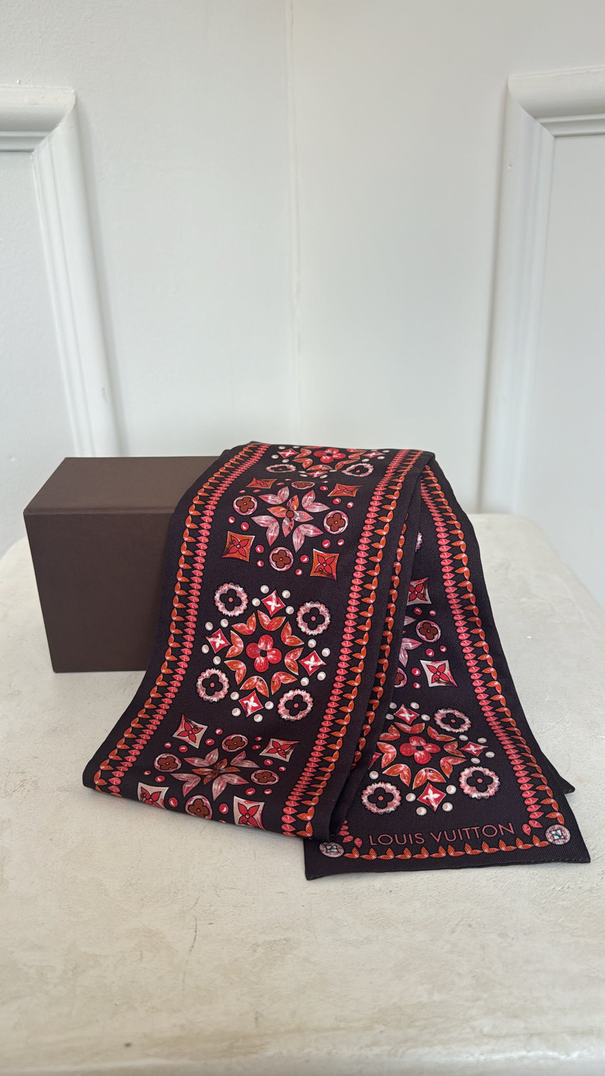 Louis Vuitton Brown and Pink Floral Monogram Silk Scarf