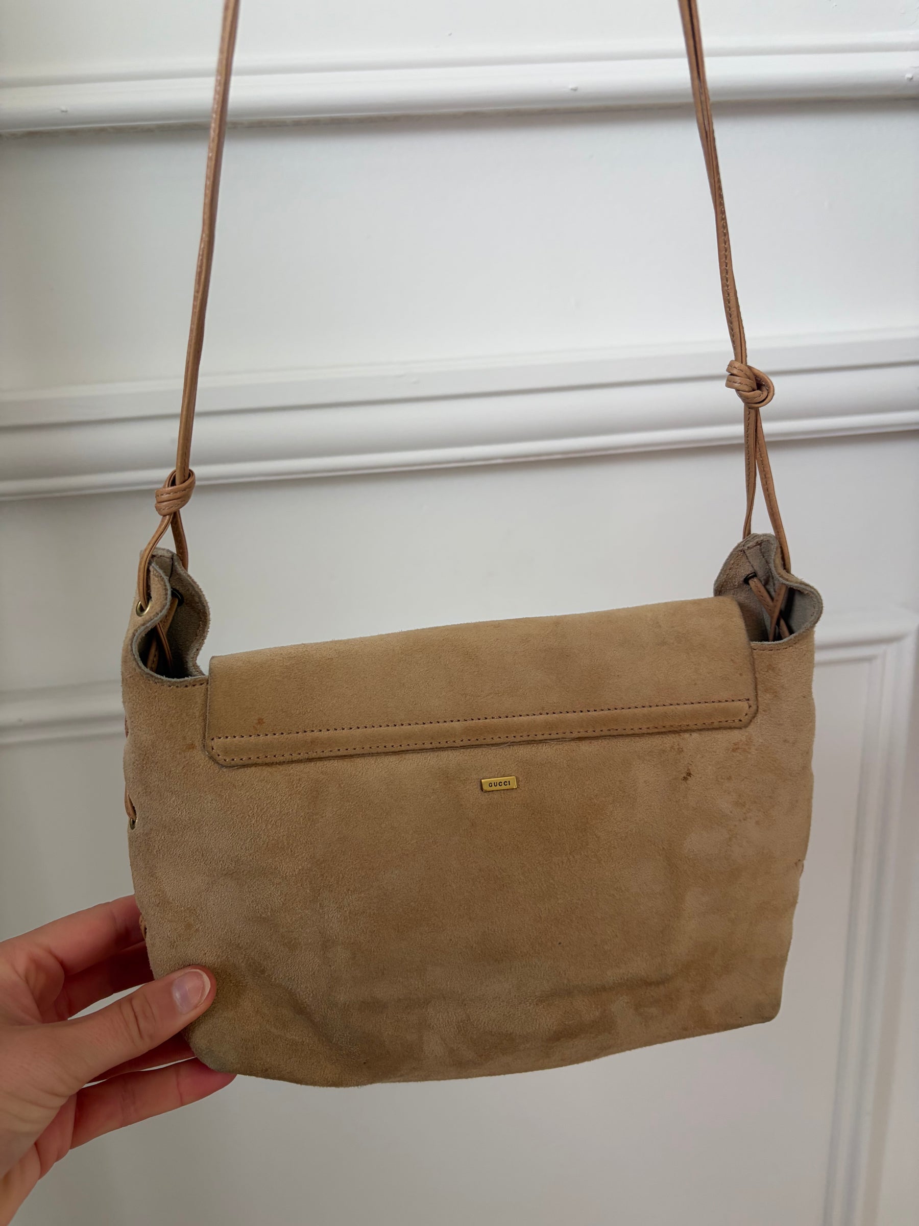 Gucci Beige Suede Heart Whipstitch Shoulder Bag