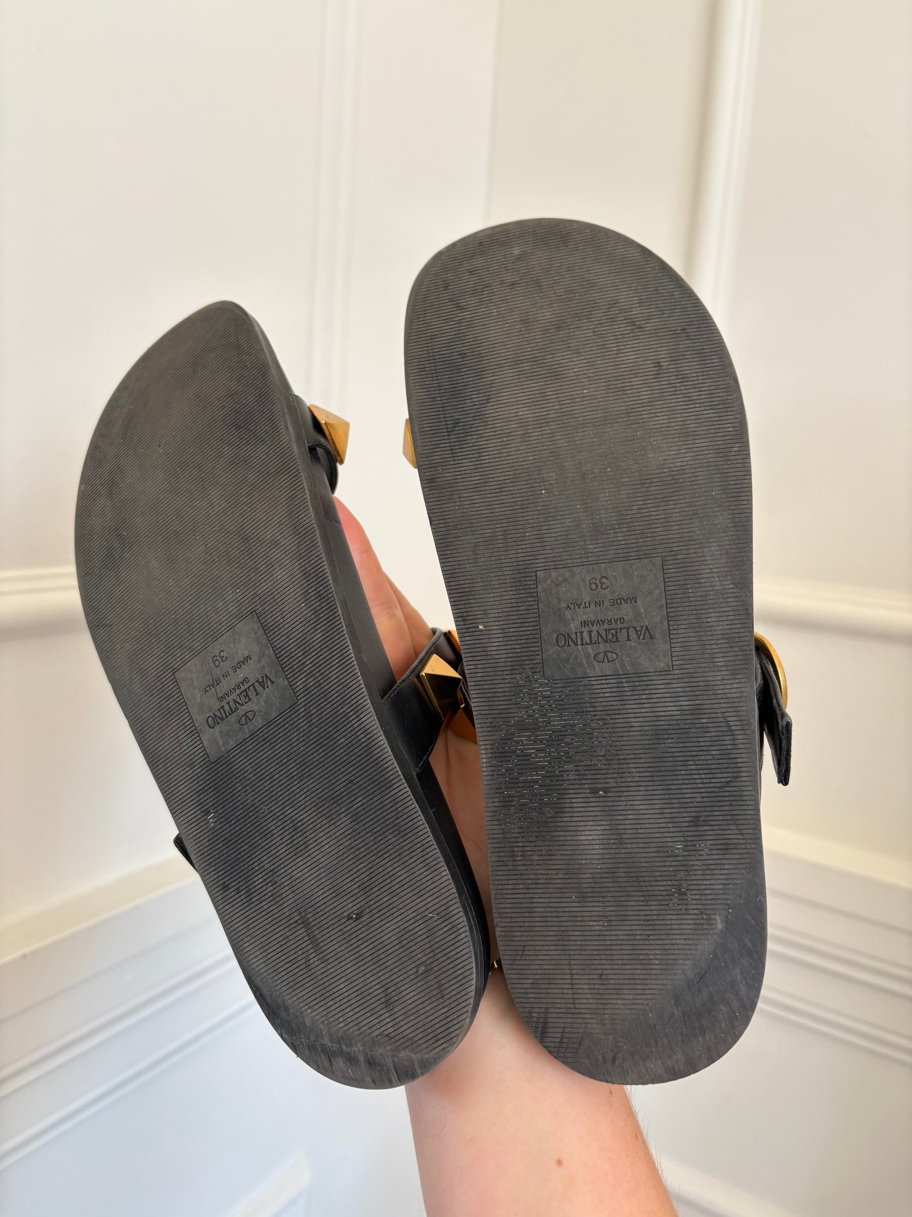 Valentino Black Leather Roman Stud Slides, 39