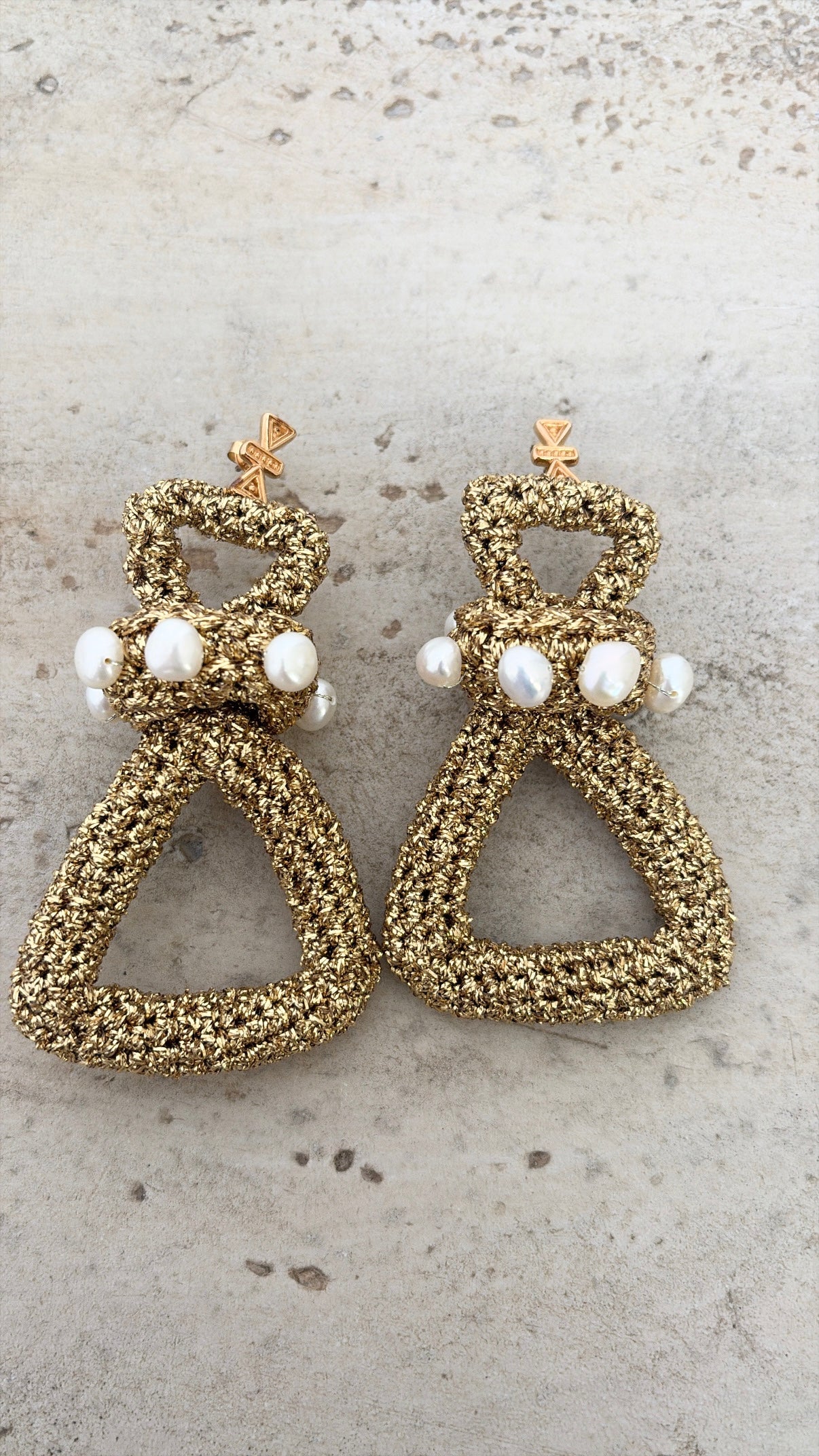 Lucy Folk Gold Metallic Crochet Triangle Drop Earrings
