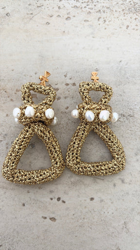 Lucy Folk Gold Metallic Crochet Triangle Drop Earrings