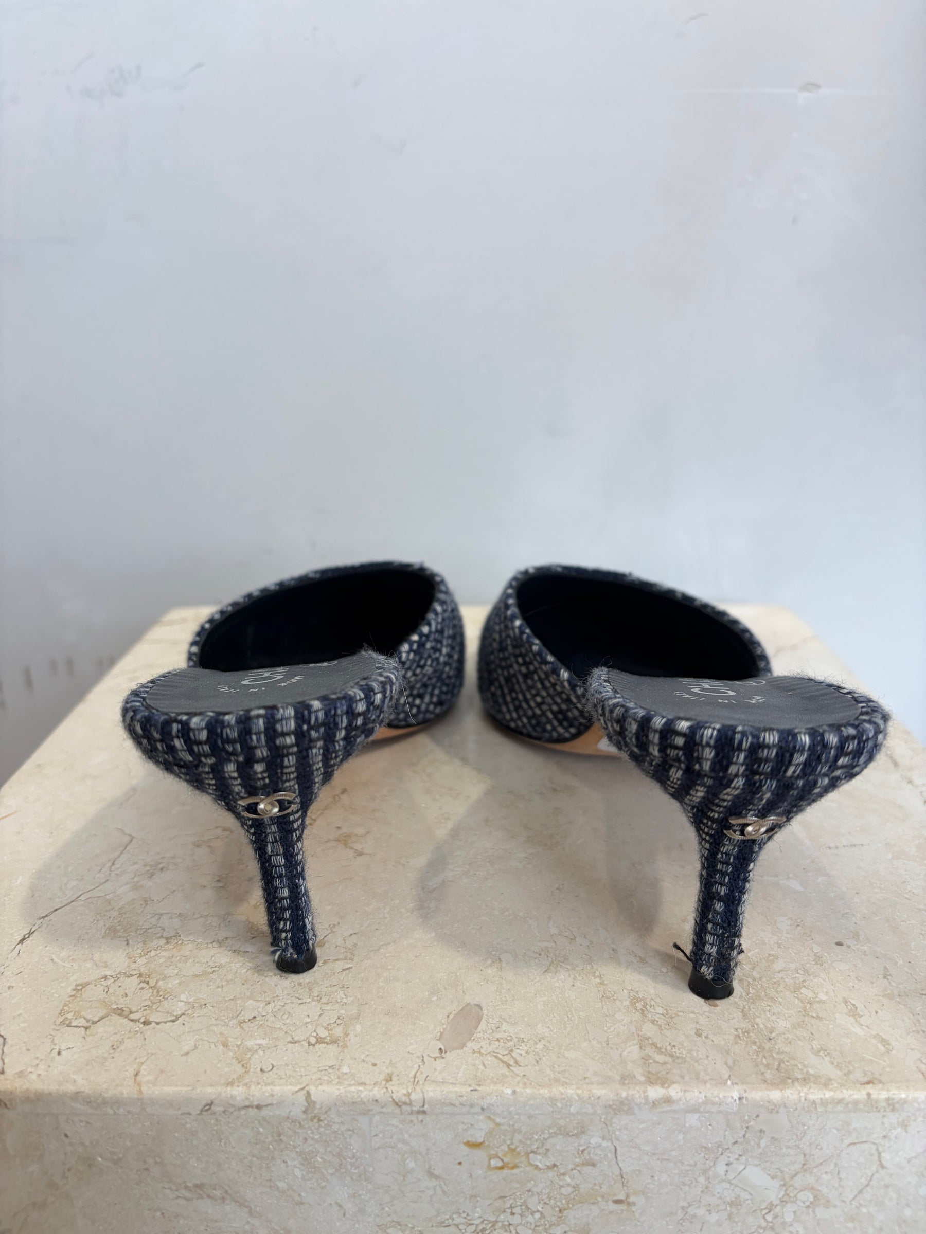 Chanel Navy Bouclé Tweed And Grosgrain Mules, 39C