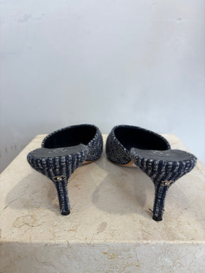 Chanel Navy Bouclé Tweed And Grosgrain Mules, 39C