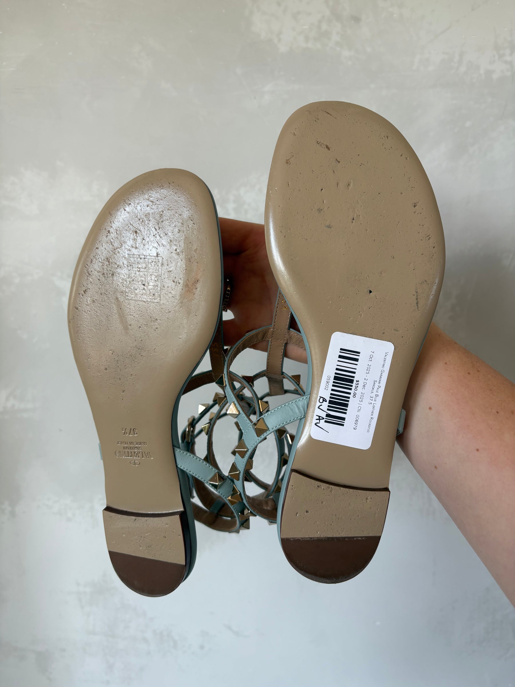 Valentino Garavani Pale Blue Leather Rockstud Sandals, 37.5