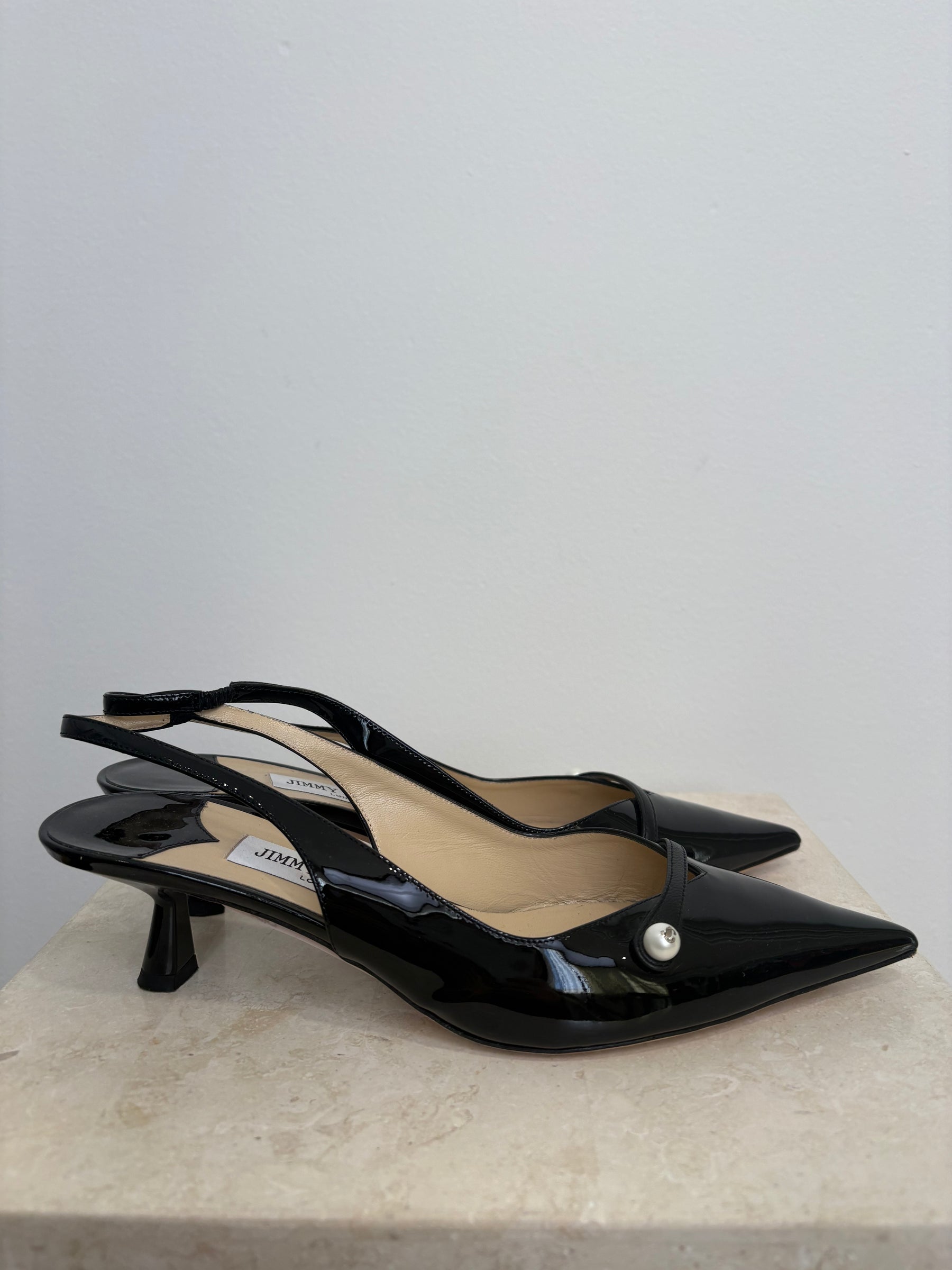 Jimmy Choo Black Patent Sling Backs, 39