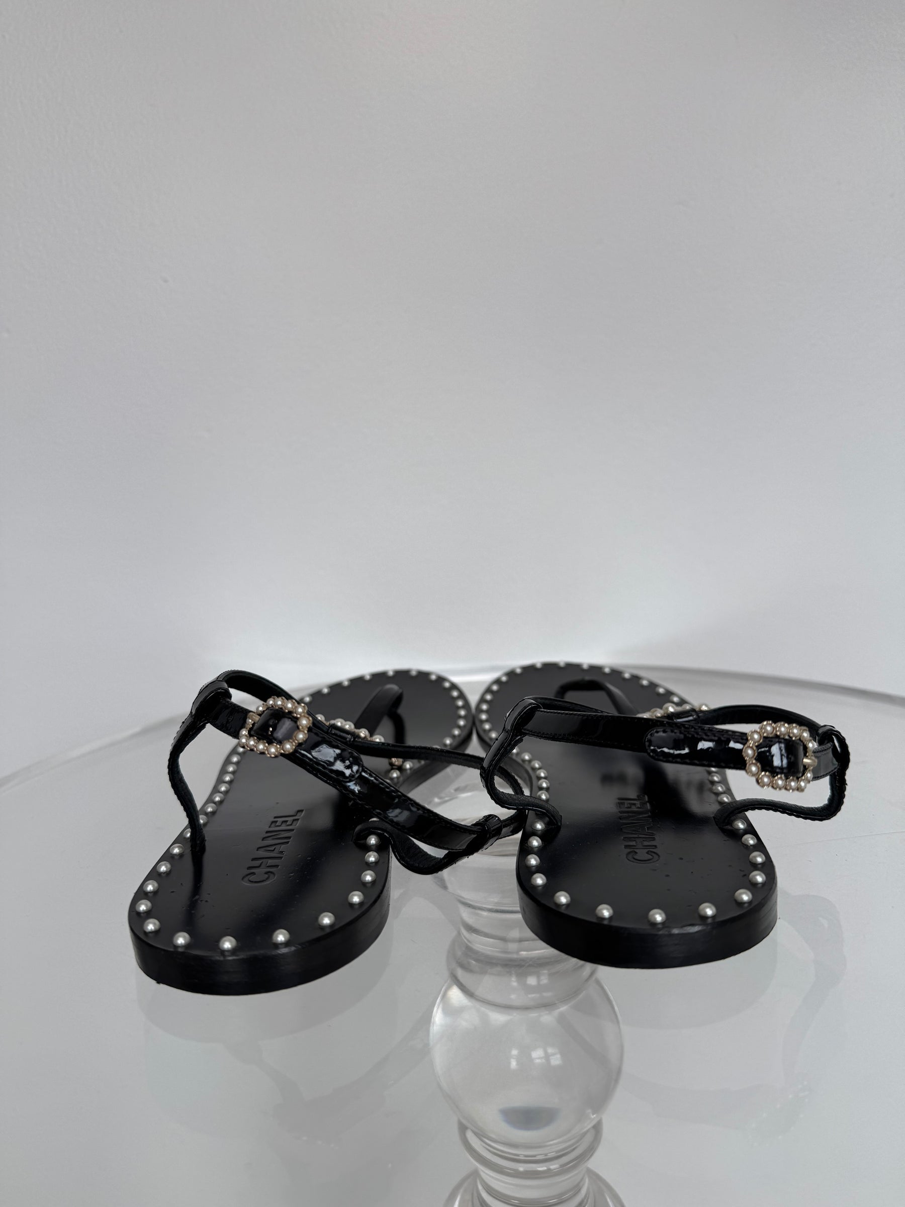 Chanel Black Leather Pearl Embellised Sandals, 38.5C