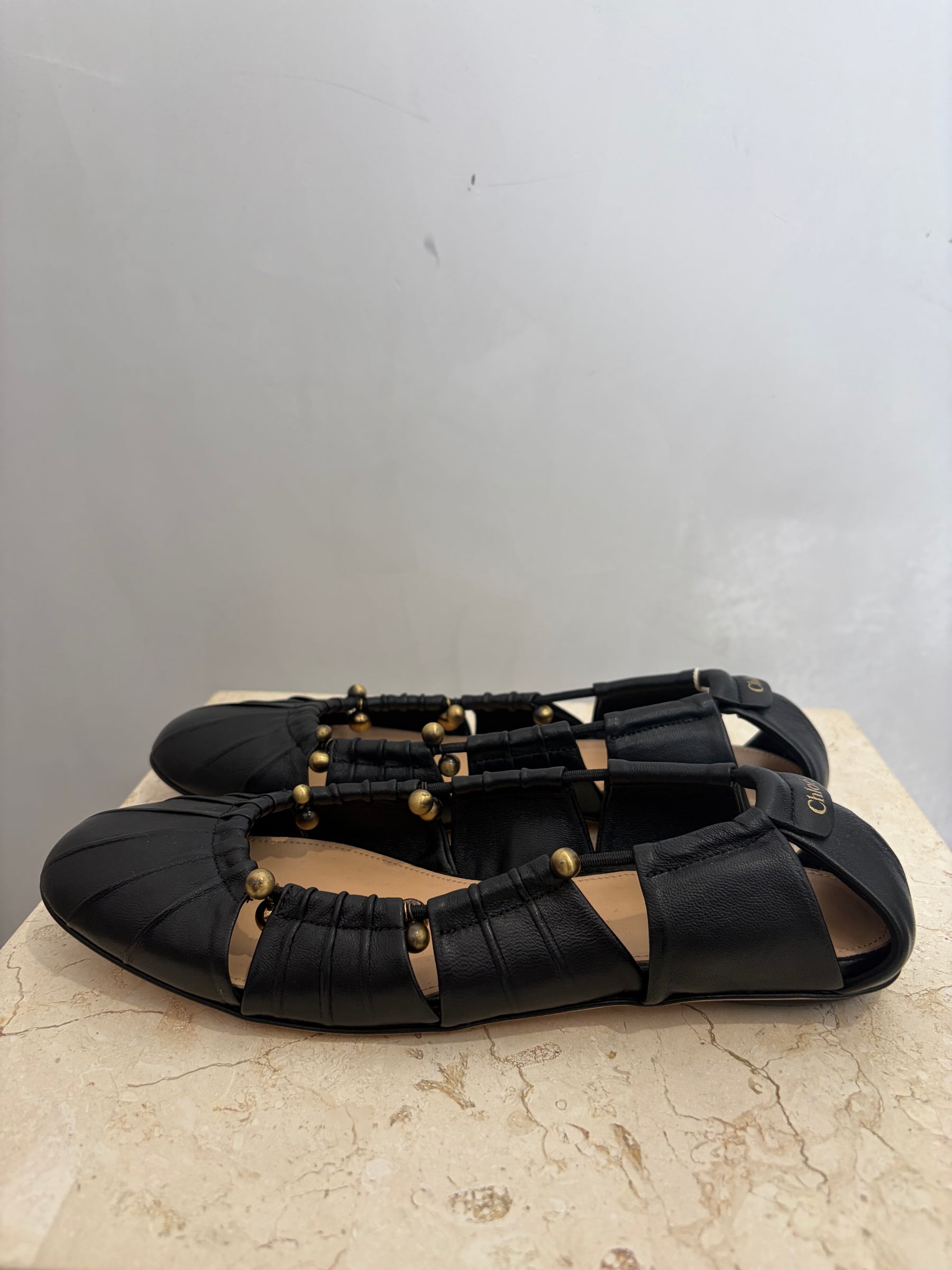 Chloé Black Leather Beaded Cut Out Ballet Flats, 37
