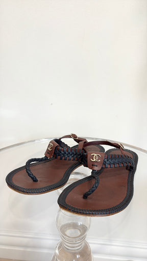 Chanel Burgundy and Navy Braided Leather T Bar Ankle Sandals, 38