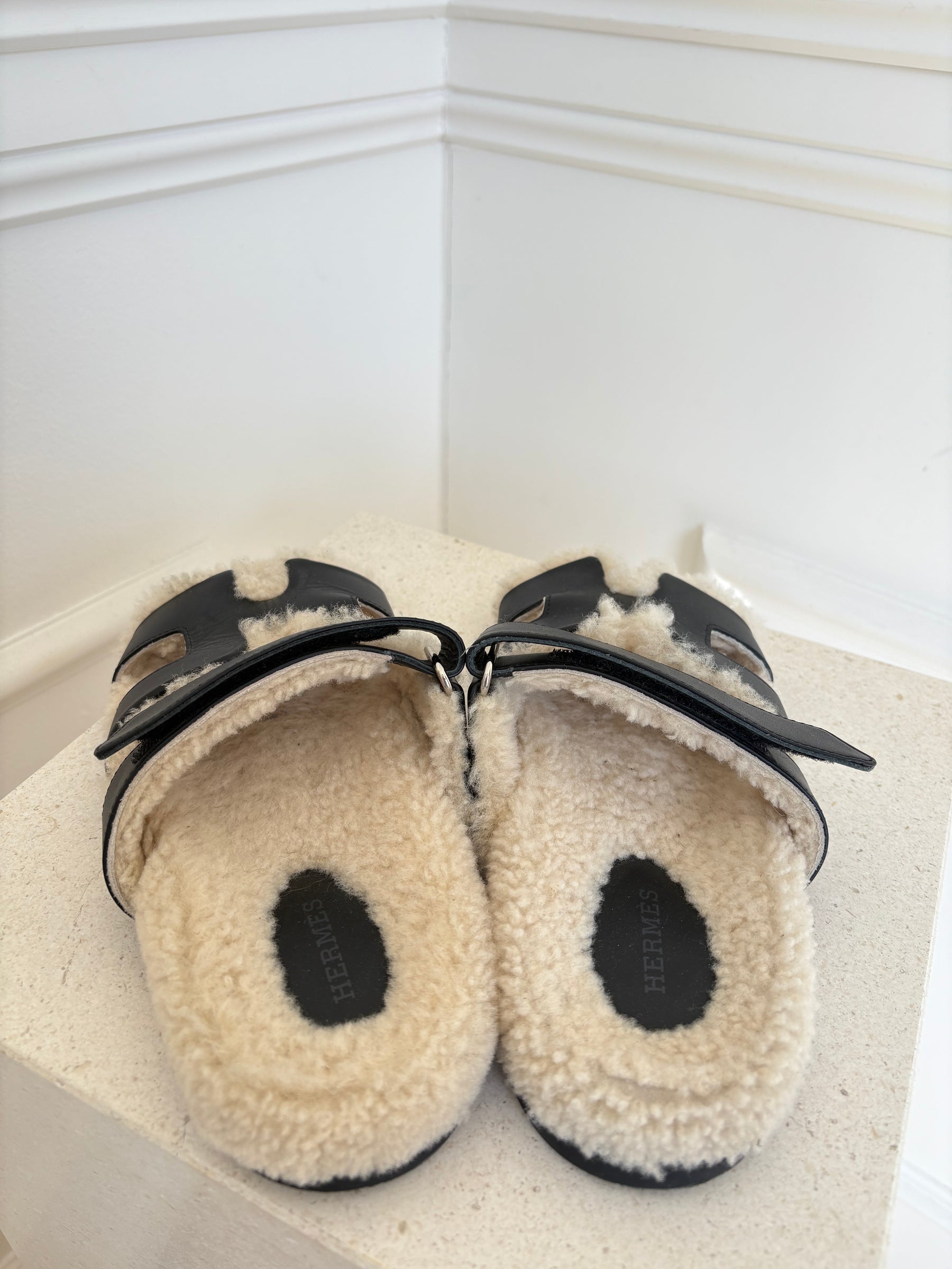 Hermès Black Leather and Shearling Chypre Sandals, 36.5